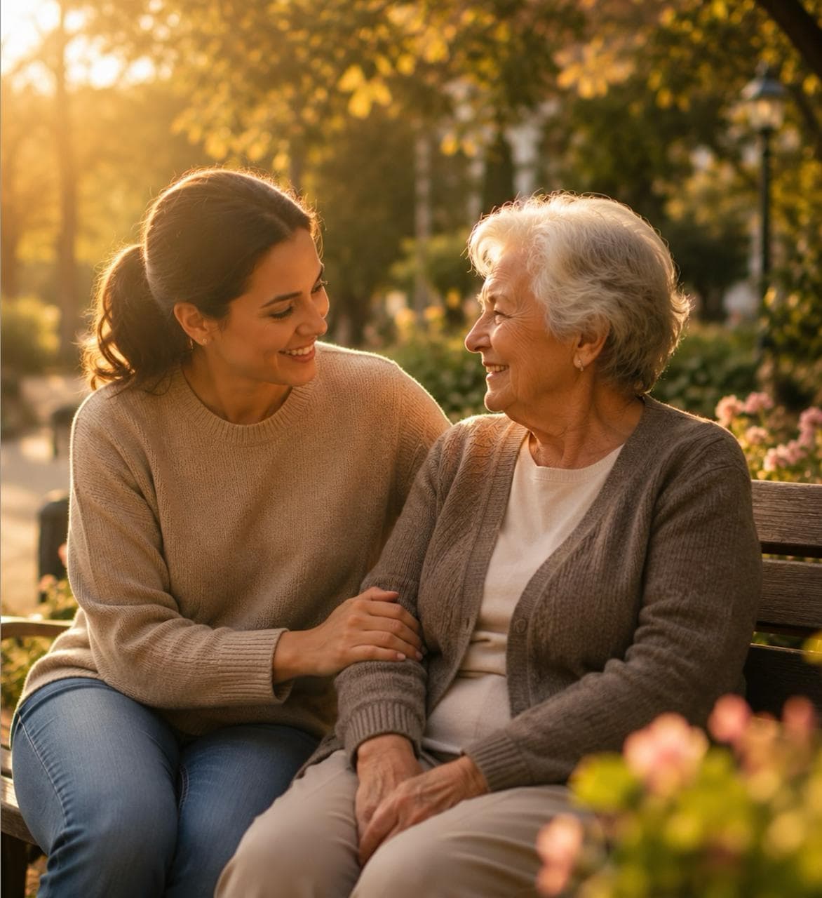 Caregiver sitting with elderly loved one on a park bench
