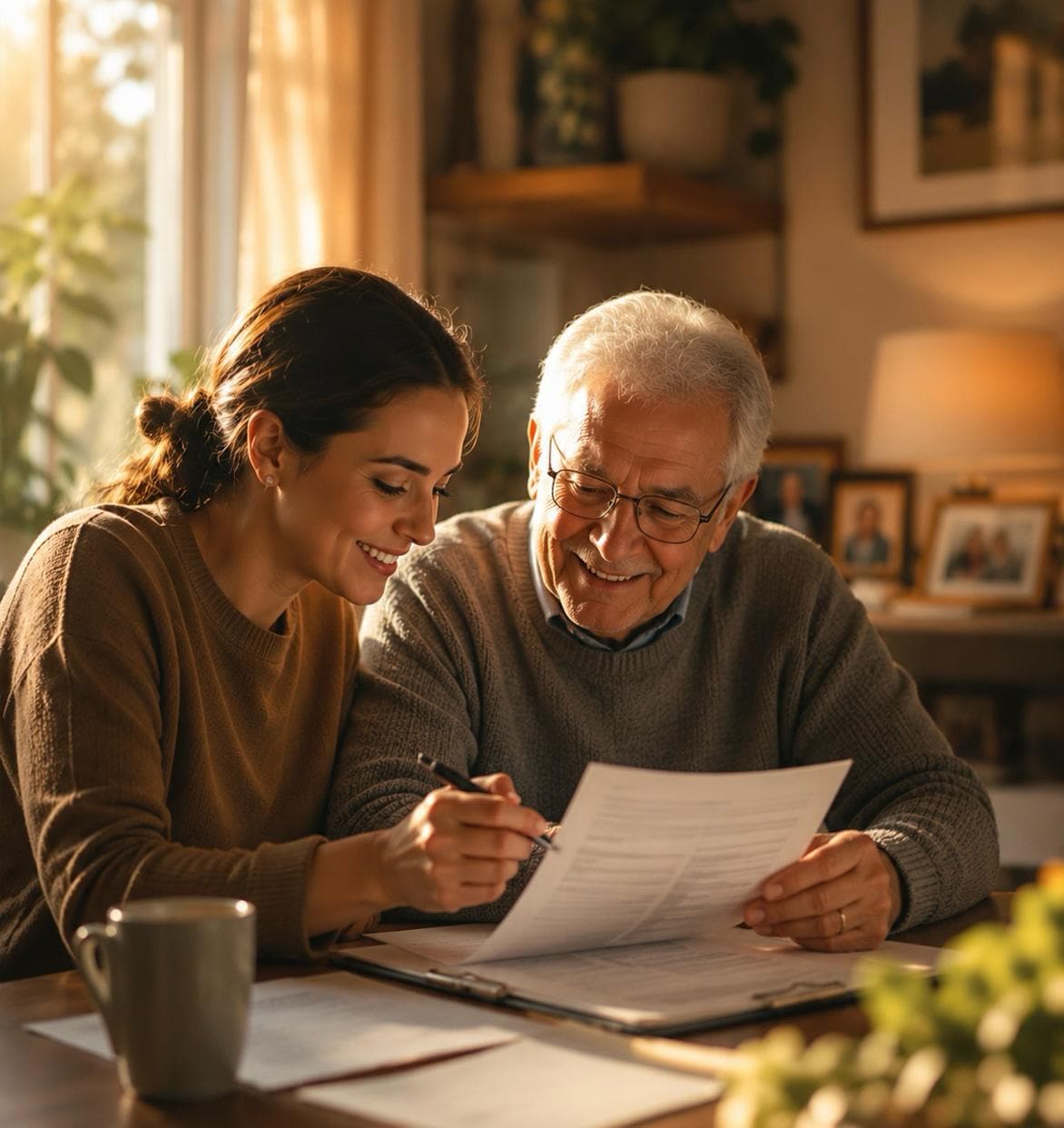 Family member helping elderly loved one review paperwork at home
