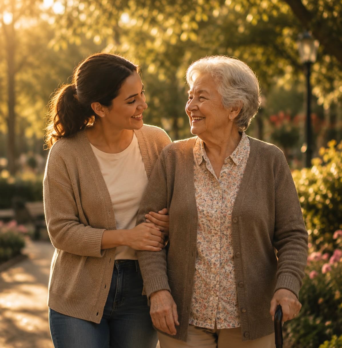 Caregiver walking with elderly family member outdoors in Michigan