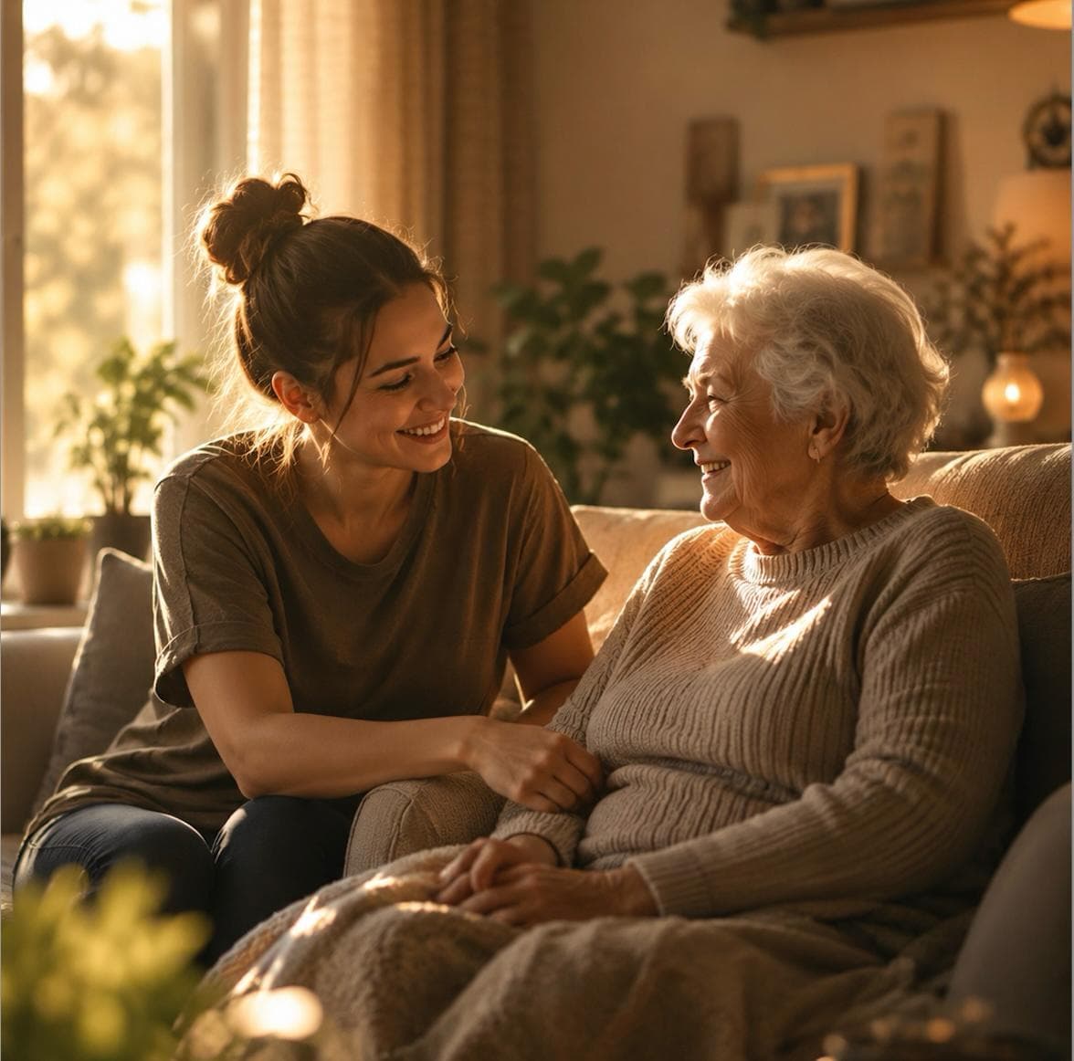 Young caregiver smiling with elderly family member on a couch at home